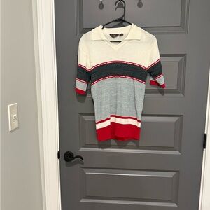 Vintage Brian MacNeil Men's Striped Short Sleeved Sweater - Red, Gray, and White
